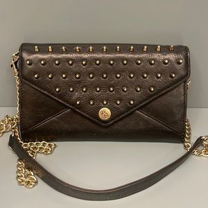 Rebecca Minkoff crossbody wallet bag. Black with gold studs, hardware, and chain